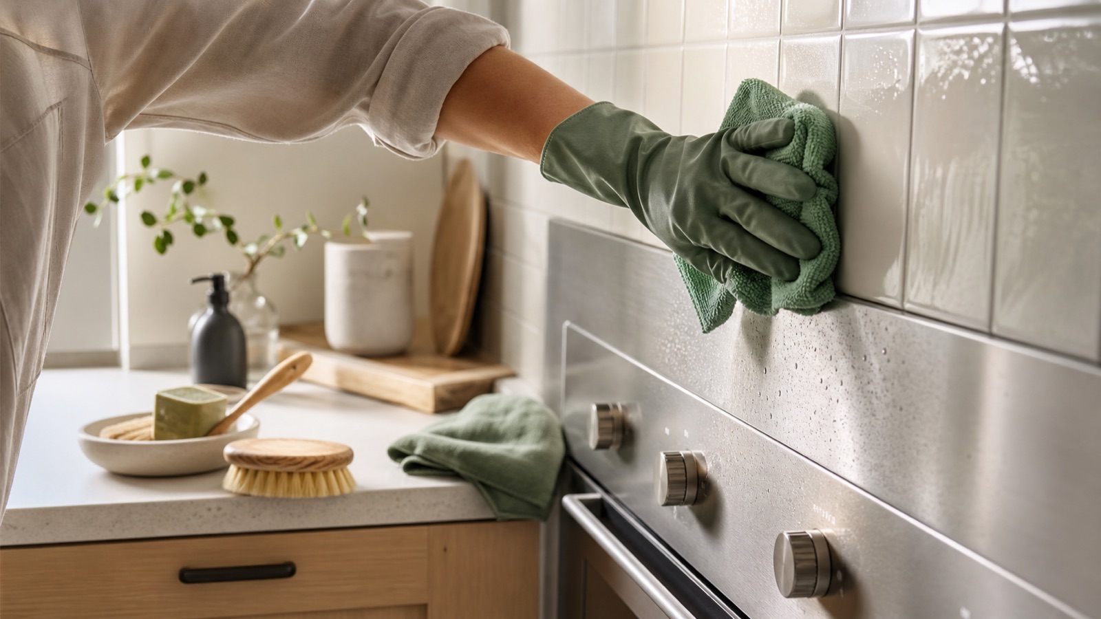 Hand med mikrofiberduk rengör kakel och rostfritt stål i ett kök